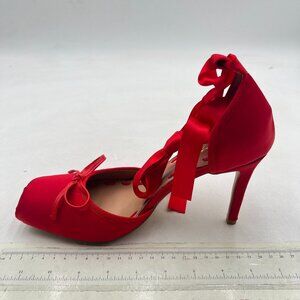 XYD Red Ribbon Lace-up Pumps Square Toe Ankle Strappy Bowknot Prom Shoes